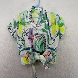 Singrid Olsen Womens Top size medium Floral tie front button up collared Linen